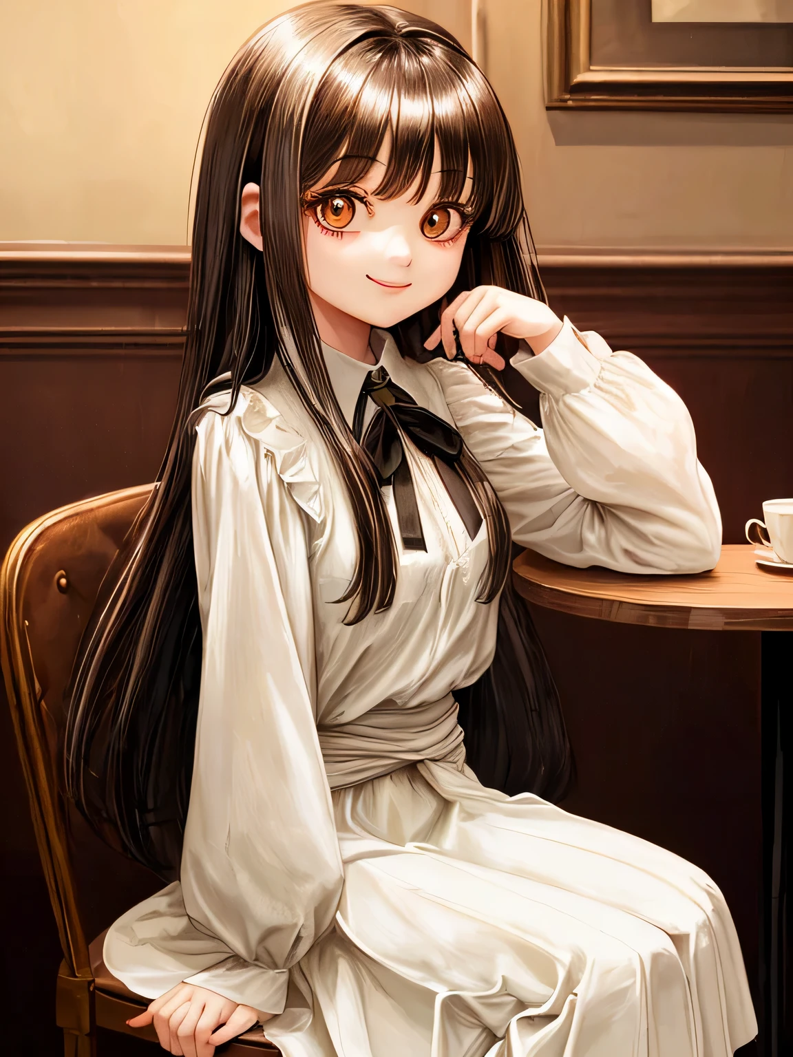 sitting on a chair in a stylish cafe A young cute girl with shiny long hair and bangs Smile and laugh Upper body from the waist up Idol type with big eyes White long sleeve blouse and brown long skirt Dark grey eyes highest quality High resolution