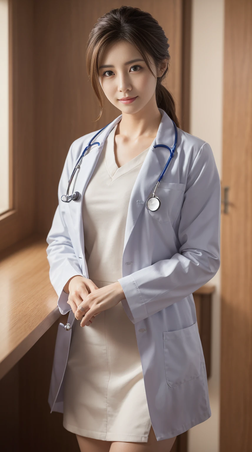 Photorealistic beautiful doctor、amazingly beautiful、doctor&#39;white clothes, collared shirt、(highest quality、8K、32k、masterpiece、nffsw:1.3)、ultra high resolution,(Photoreal:1.4),Raw photo, detailed face,,beautiful hair, ((doctor style)), , black mini tight skirt、 natural makeup,natural breasts、Inside the hospital, detailed background, perfect lighting, Depth of written boundary, beautiful shadow gradation,Stethoscope ,NSFW、