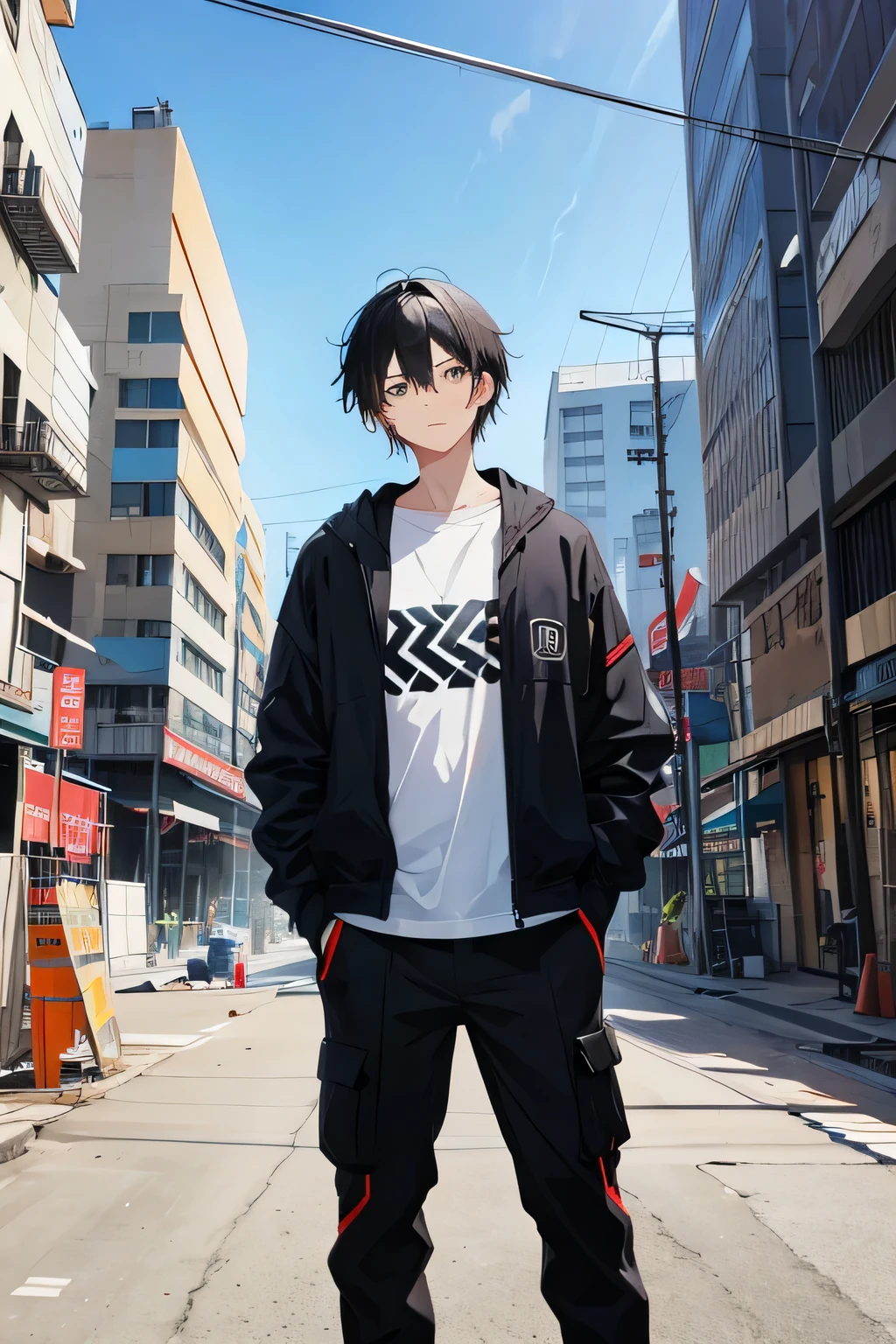 Standing picture、anime style、Character front、Black-haired man in his 30s、Background of the construction site、high resolution