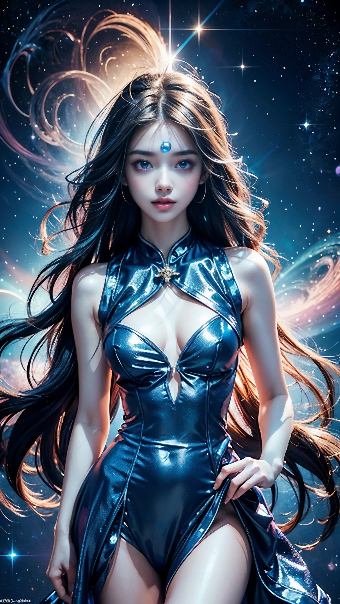 4K Ultra HD, Masterpiece, A girl with a magical aura, Good face, Long hair, shinny hair, Detailed eyes, Glossy lips, blue Lolita costume, The aura around the body, Magical effect, Spread white light, Cosmic elements and ethereal atmosphere, A mix of bright lights and colorful nebulae, universe background, Perfect body,