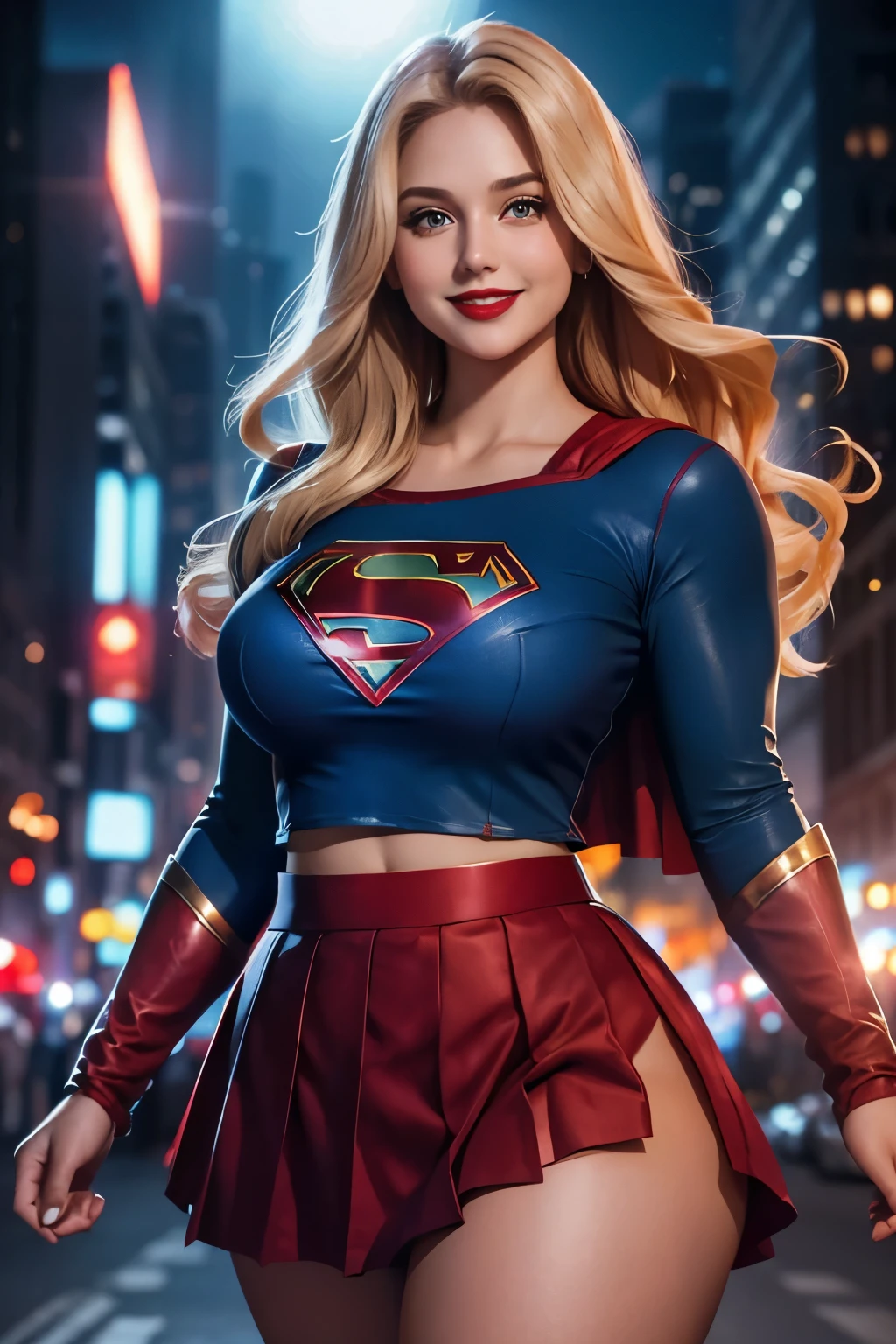 Supergirl, 28 years old, Beautiful woman long blonde hair, defined body, big breasts, big breasts, big breasts, Red lipstick, smiling slightly, hands free, Parading, (( cropped blue top short long sleeve and pleated red skirt of supergirl)), city night, (curvy:1.3)
