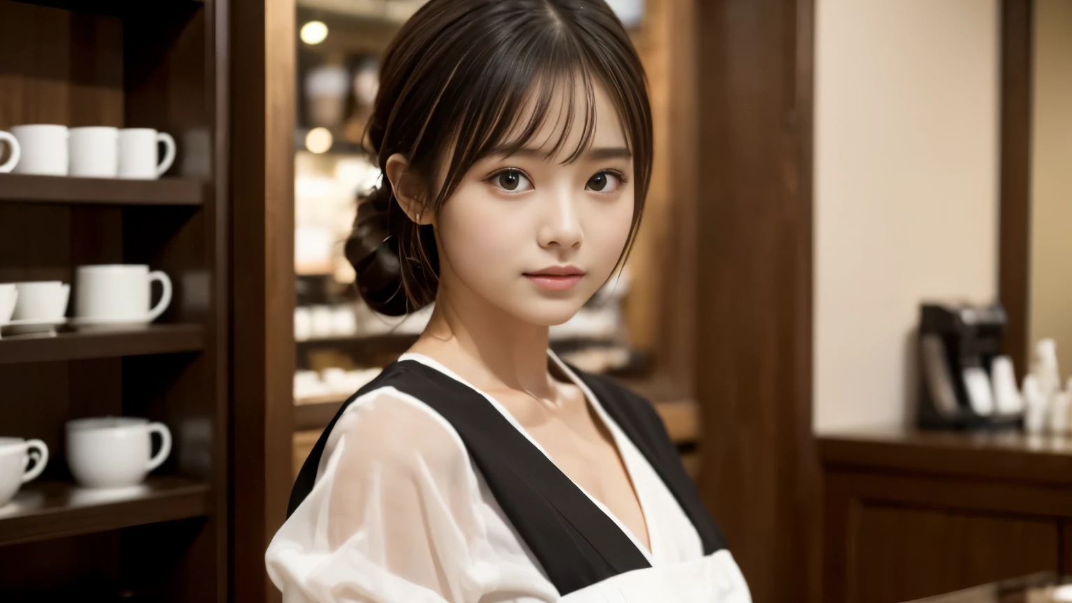 (((Cafe:1.3, Inside the store, Photographed from the front))), ((beauty salon model:1.3,Black and white bicolor dress, japanese woman, cute)), (clean, natural makeup), (highest quality, masterpiece:1.3, 超High resolution), (Super detailed, caustics), (realistic:1.4, RAW shooting), very detailed, High resolution, 16K resolution,neat clothes,CafeInside the storeで撮影