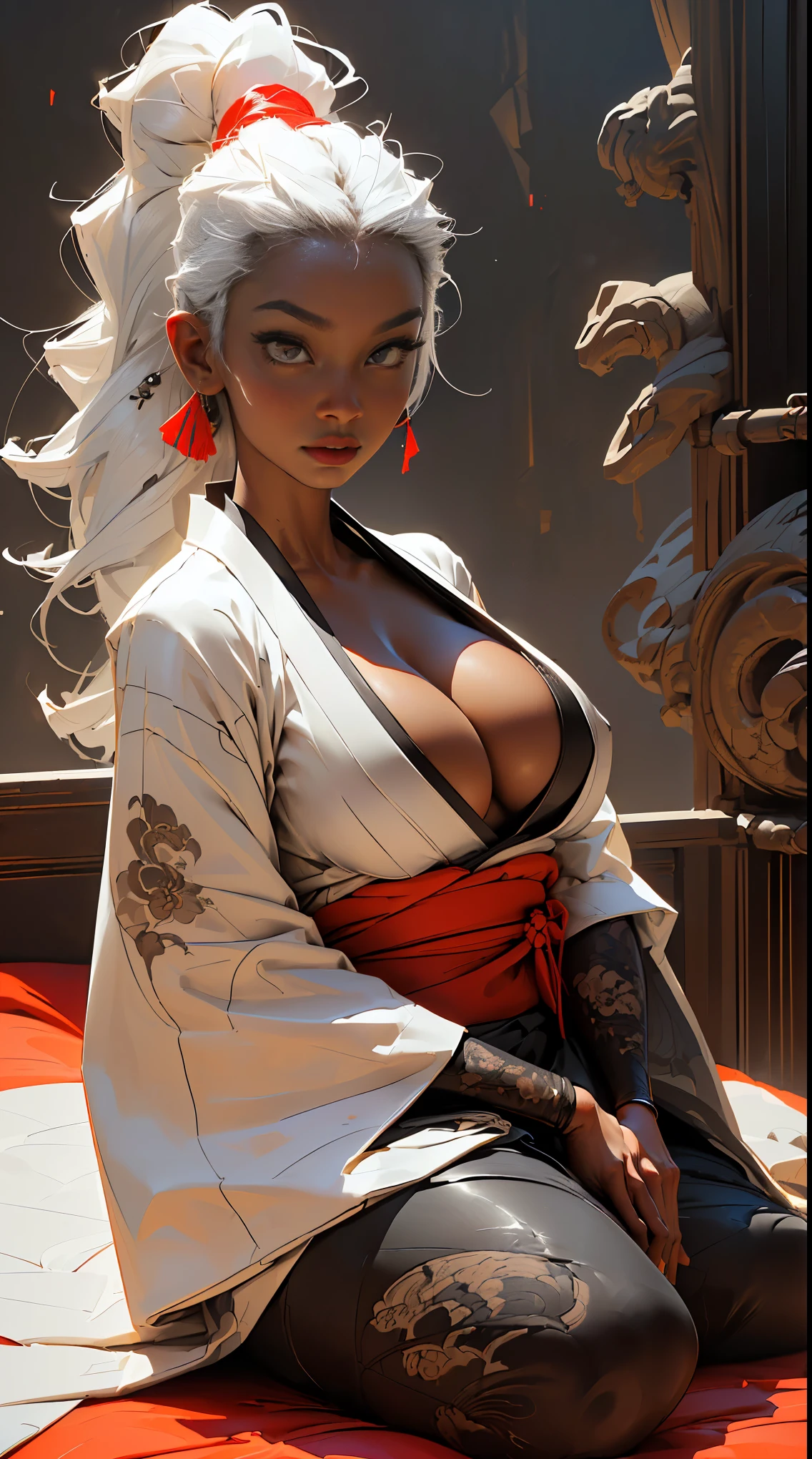 ((21-year-old))) black girl, (((very dark african skin))),  (((close up pov full body portrait, sexy seductive slutty pose, ((accentuated super huge enormously gigantic nude tits, cleavage showing, wearing highly detailed and beautiful kimono))), (((very long wavy curly platinum white hair in a ponytail))), (((tattoo sleeves and piercings))), lots of african tribal tattoo sleeves, dark fantasy art, post apocalyptic art, Rich, Deep Colours, (intricate details:0.9), (HDR, hyper-detailing:1.2), (natural dark african skin textures, hyper realisitc, anime realistic, light, Sharp), luxurious Japanese bedroom background 