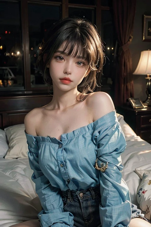 Top quality, Masterpiece, Short bob, One woman, Black hair, Blue eyes, Look up, Upper body, Attractive gaze, , Clear double eyelids, , Bangs, (Best quality, 8k, Masterpiece: 1.3), Pretty woman with a perfect figure: 1.4, dark brown hair, torn shorts, sleeping in bedroom, highly detailed face and skin, detailed eyes, double eyelids, top quality, masterpiece ,one woman, high angle shot, upper eyes, , perfect face, beautiful figure, cute face, top angle , view from top, sheer transparant see through dressed , off shoulder, cleavage
