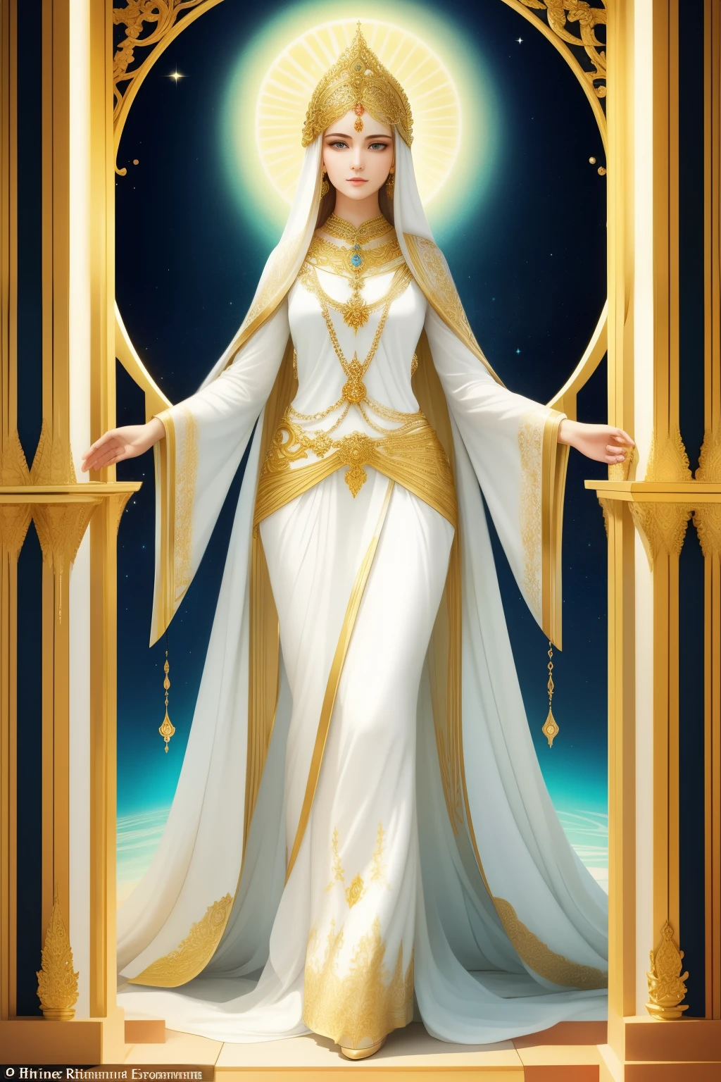 In this enchanting image, a divine being radiates with a heavenly aura, her holy dedication to the celestial realm palpable. With ivory-pale skin, her ethereal beauty is accented by a halo of cascading golden curls, framing her round, cherubic face. Her piercing eyes, a celestial green, are filled with an unwavering devotion to the divine.

Dressed in flowing, pure white robes embroidered with intricate golden motifs, she conveyed a sense of otherworldly grace. Her slender, lithe figure was adorned with elegant jewelry and bejeweled accessories,