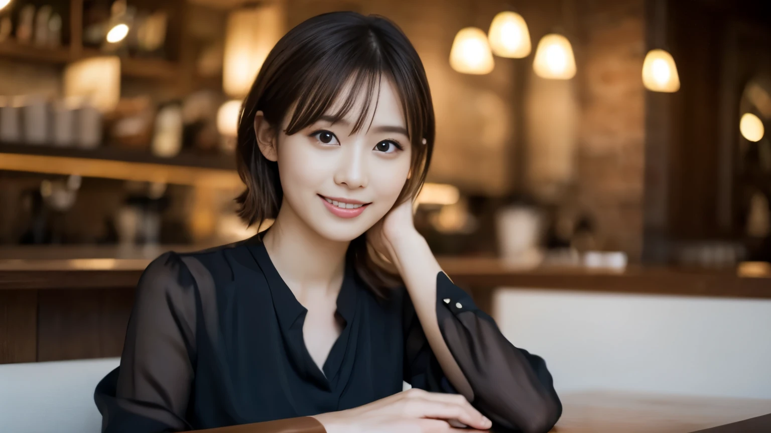 1 girl, (Wearing a black blouse:1.2), beautiful japanese actress,
(Raw photo, highest quality), (realistic, Photoreal:1.4), masterpiece,
very delicate and beautiful, very detailed, 2k wallpaper, wonderful,
finely, very detailed CG Unity 8K 壁紙, Super detailed, High resolution,
soft light, beautiful detailed girl, very detailed目と顔, beautifully detailed nose, beautiful and detailed eyes, cinematic lighting,
break
(With a stylish cafe interior as the background 1.3), Lights in the cafe,
perfect anatomy, slender body, smile, Face the front completely, look at the camera