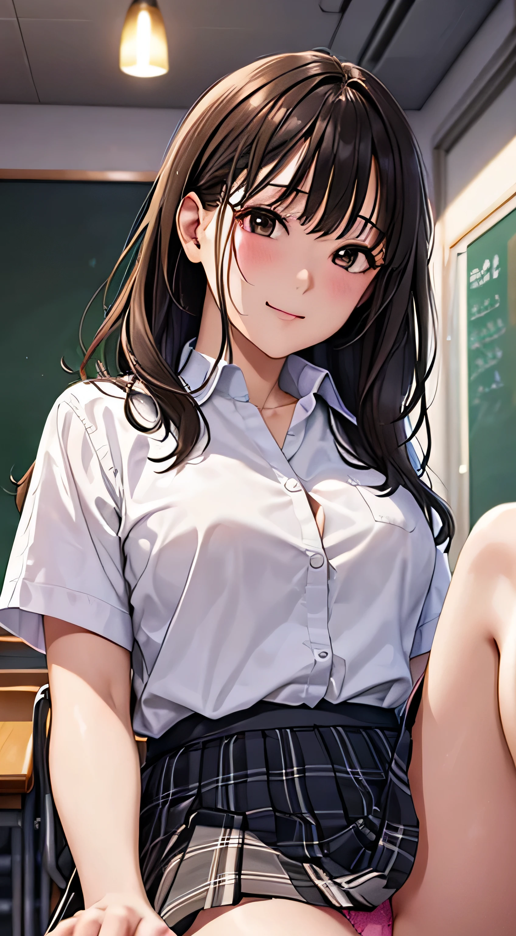 ((table top, highest quality, High resolution, nffsw, perfect pixel, 4k, nffsw, nffsw))), 1 girl, single, alone, beautiful woman、I could see the whole body、 ((short wavy hair, bangs, brown hair)), ((brown eyes, beautiful eyelashes, realistic eyes)), ((detailed face, blush:1.2)), ((smooth texture:0.75, realistic texture:0.65, realistic:1.1, Anime CG style)), medium breasts, dynamic angle, perfect body, ((school uniform, white shirt, black skirt, unbuttoned shirt、plaid skirt、not wearing shoes、white socks)), classroom without people、sit at desk、..、evening、、、Very embarrassing panic smile、(lift the skirt with your right hand、open your legs、open your knees wide、pink floral lace panties)、、(pink lace bra)、angle from below