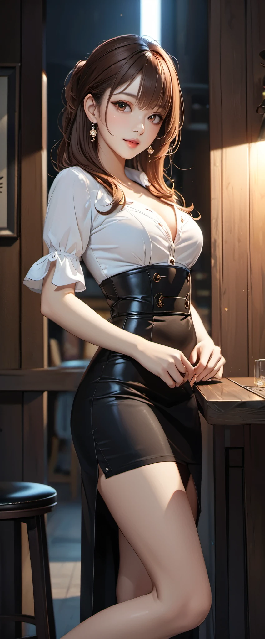 8k, Masterpiece, photo and gross, Best Quality, photorealistic, Extremely detailed CG unity 8k wallpaper, depth of field, cinematic light, lens flare, ray tracing (extremely beautiful face, Beautiful lips, beautiful eyes), intricately detailed face, ((ultra detailed skin)) 1 girl, korean pretty girl, kpop idol, 1 girl, (Very thin and slender muscular body: 1.3), (big smile: 1.3), thick thighs, beautiful earrings, bracelet, neck, light eyes, (pale skin), (large eyes), (Full body photo), ((victorian bust corset and tight leather pants)), garter belts, sexy heels, open chest, very thin, medium breasts, (Photo in different positions), (full body shots), (background in a bar)