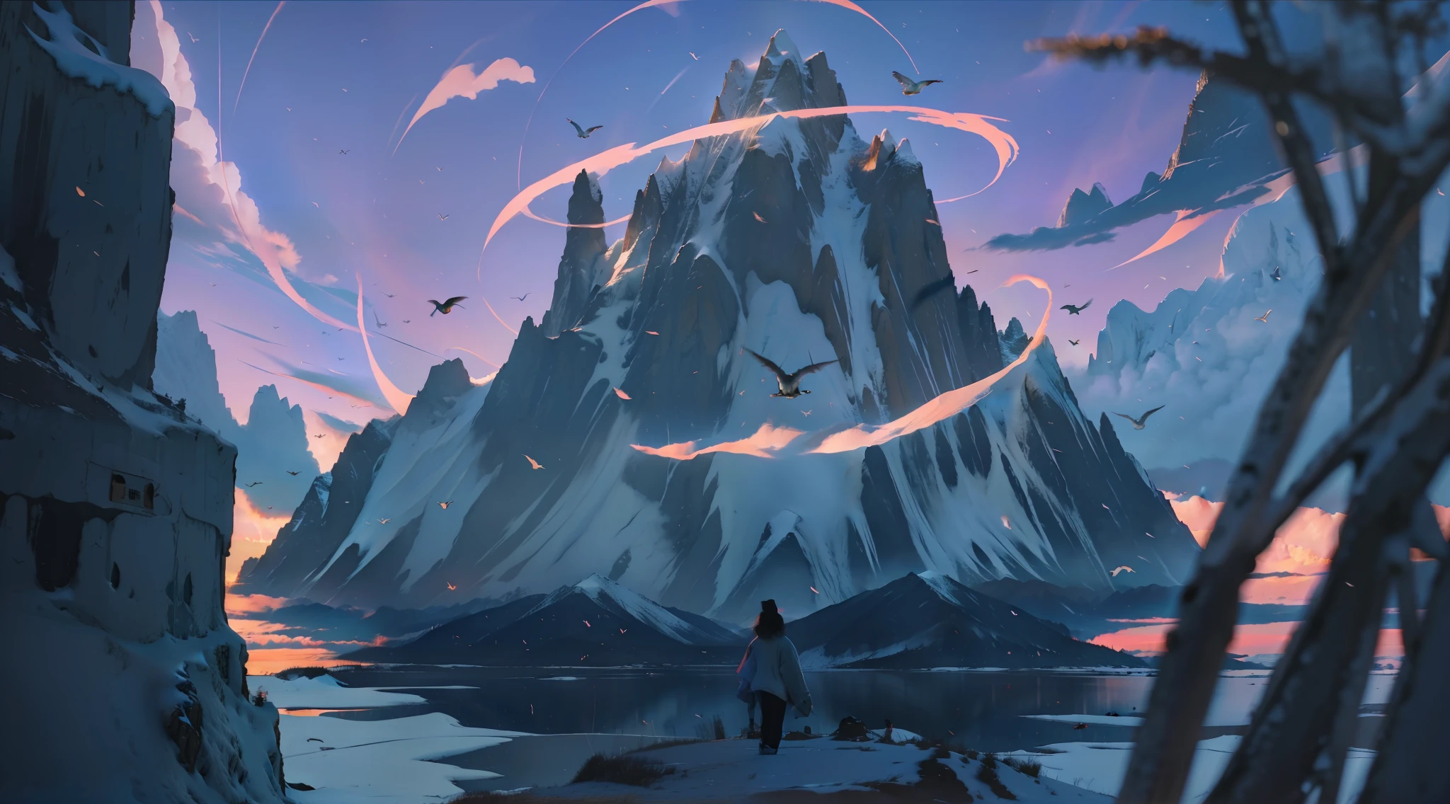 A surreal masterpiece,It presents a beautiful and spectacular view of dusk。Background of snow mountain formation,Birds fly in the sky,Accompanied by colorful sunsets and fantastic sky reflections。The beautiful sky is like a flame,Dingdall effect,Beautiful light,This 8K picture creates a fantastic atmosphere,Colorful clouds are suspended in it,Create surreal visual experiences