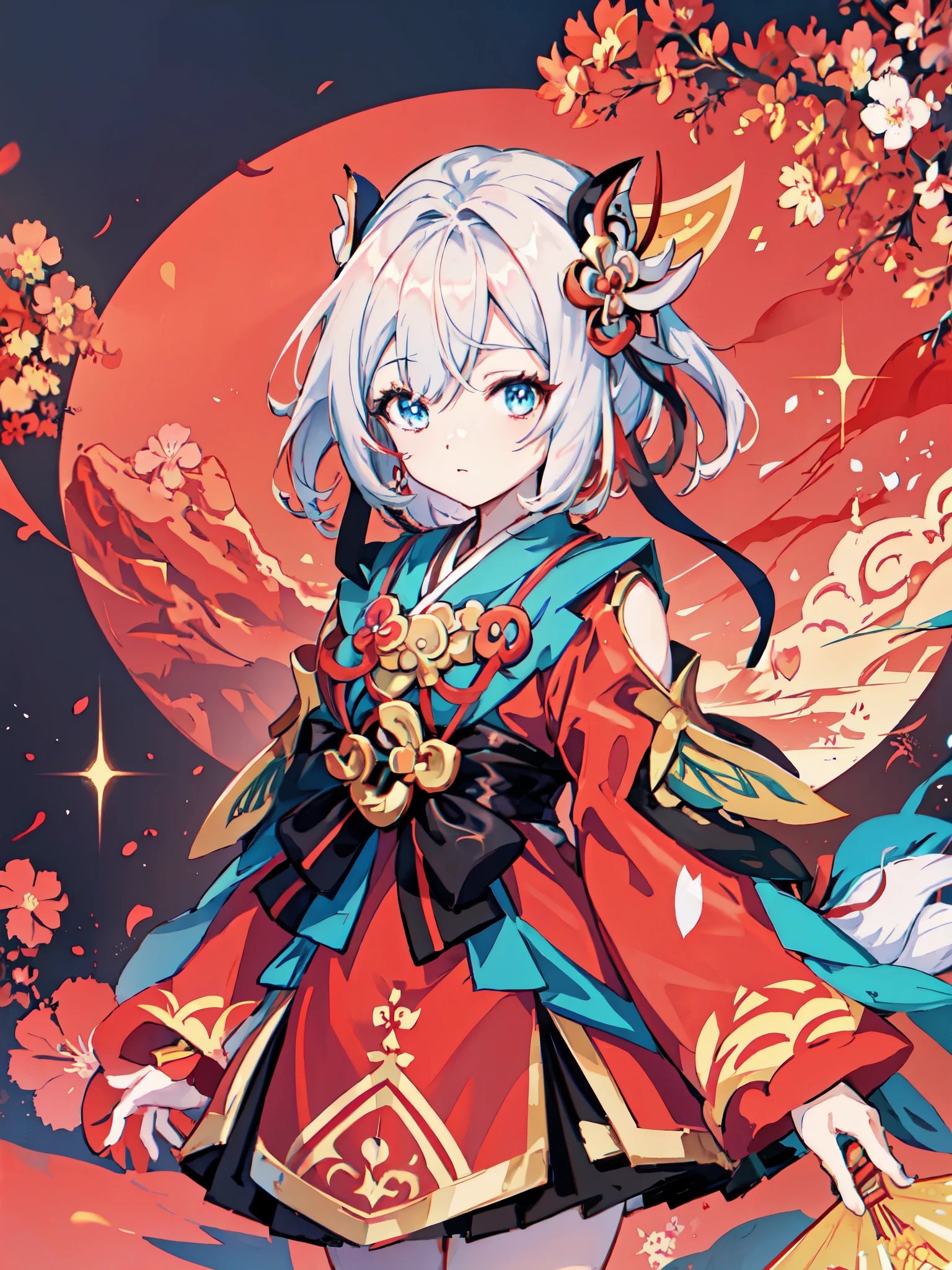 wearing red dress、holding a fan、Anime girl on red background, anime style 4k, anime art wallpaper 8k, Onmyoji, Onmyoji portrait, Onmyoji detailed art, anime art wallpaper 4k, Anime Art Wallpaper 4k, Splash art anime , Cute anime waifu wearing beautiful clothes, zero art, Digital art on pixiv