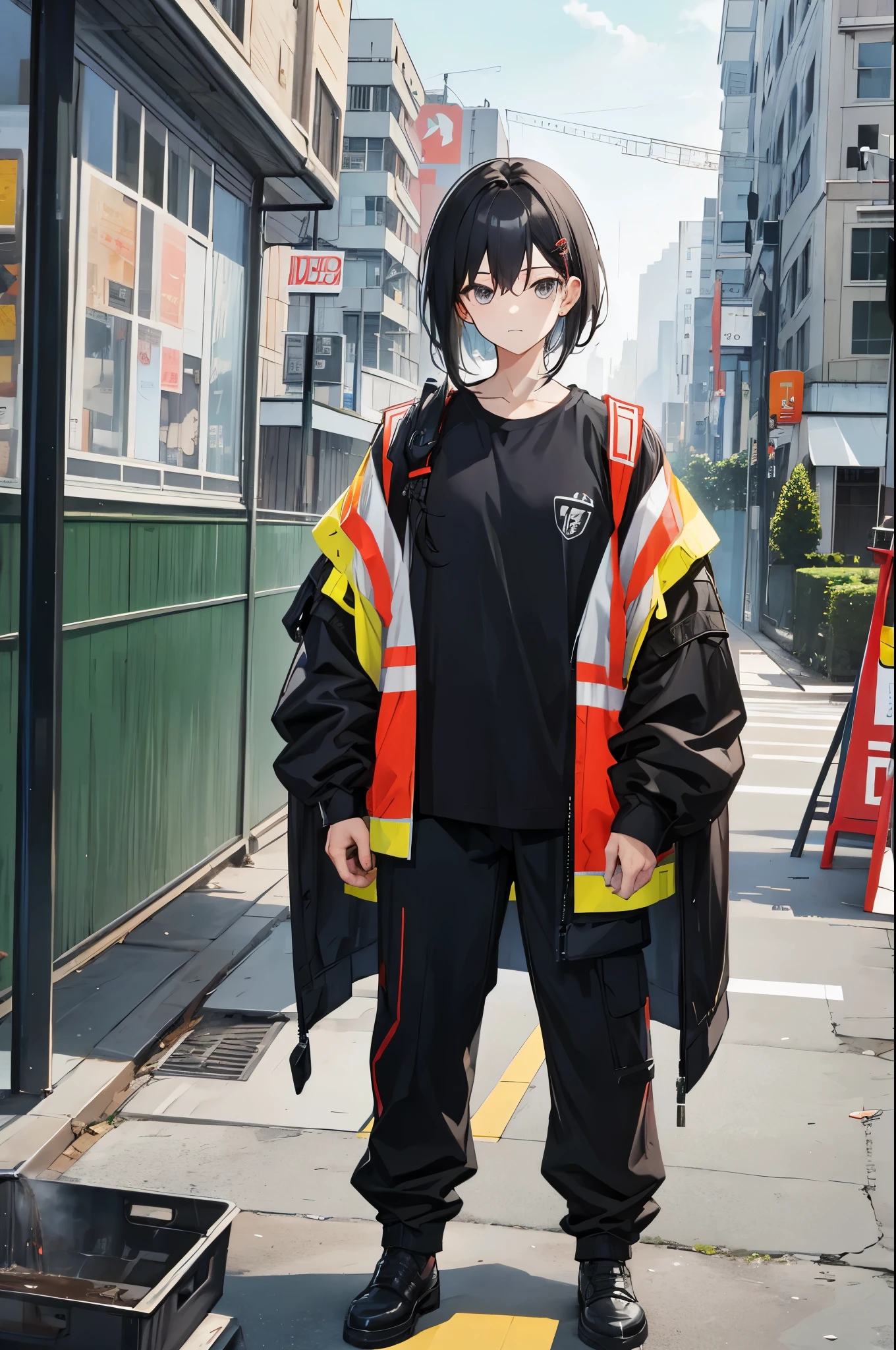 Standing picture、Character front、30 generations、black hair、male、Background of the construction site、highest quality、High resolution、masterpiece