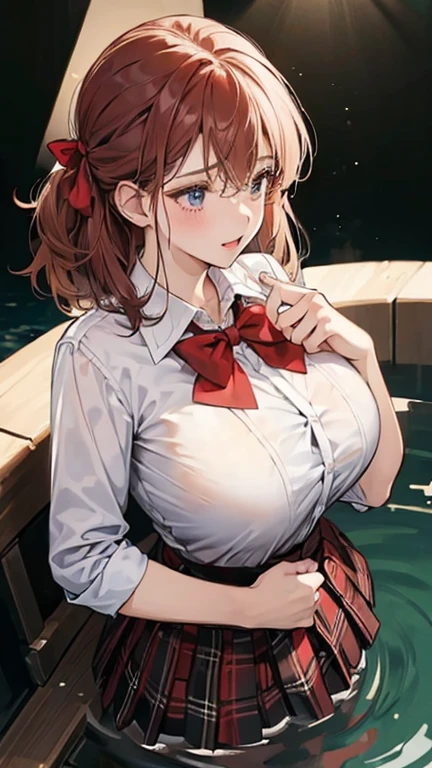 (in the dark:1.6) , school girl Soak in water , red knot , red bow , white Shirt , big tits , Big breasts , skirt dark red , plaid skirt , pleated skirt