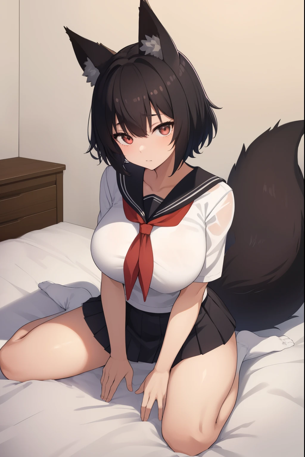 animal earsの綿毛, animal ears, black fox ears, fox girl, Fox tail, 黒いtail.Black short hair, tail, sailor suit, mini skirt, Huge breasts that are about to explode, cold eyes,Bedroom, Sitting on the bed, sunset,  looking at the viewer, 