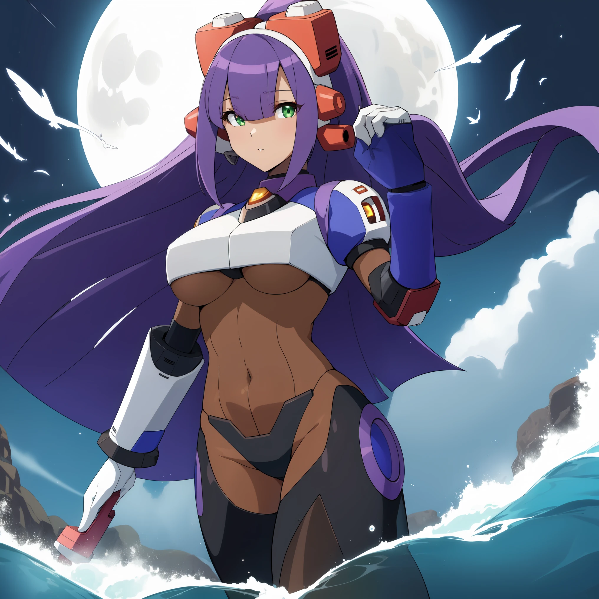 layer_megamanx, 1girl, solo, long hair, purple hair, green eyes, blunt bangs, hair over eyes, large breasts, dark skin, dark-skinned female, android, underboob, robot ears, high quality, masterpiece, surrounded by water and a small moon, in the style of vivid energy explosions, anime art, dark palette, sharp and angular, dragon art, 8k, whirring contrivances