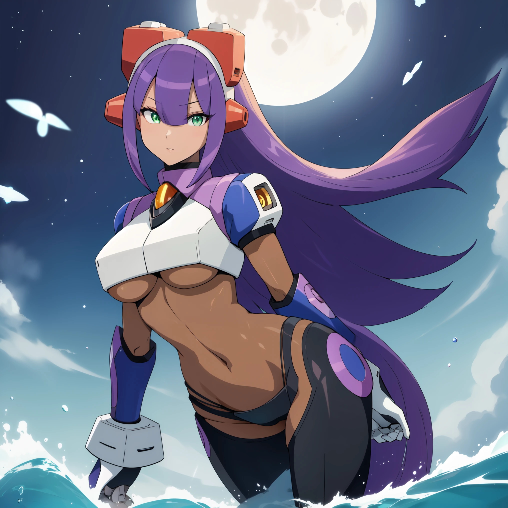 layer_megamanx, 1girl, solo, long hair, purple hair, green eyes, blunt bangs, hair over eyes, large breasts, dark skin, dark-skinned female, android, underboob, robot ears, high quality, masterpiece, surrounded by water and a small moon, in the style of vivid energy explosions, anime art, dark palette, sharp and angular, dragon art, 8k, whirring contrivances