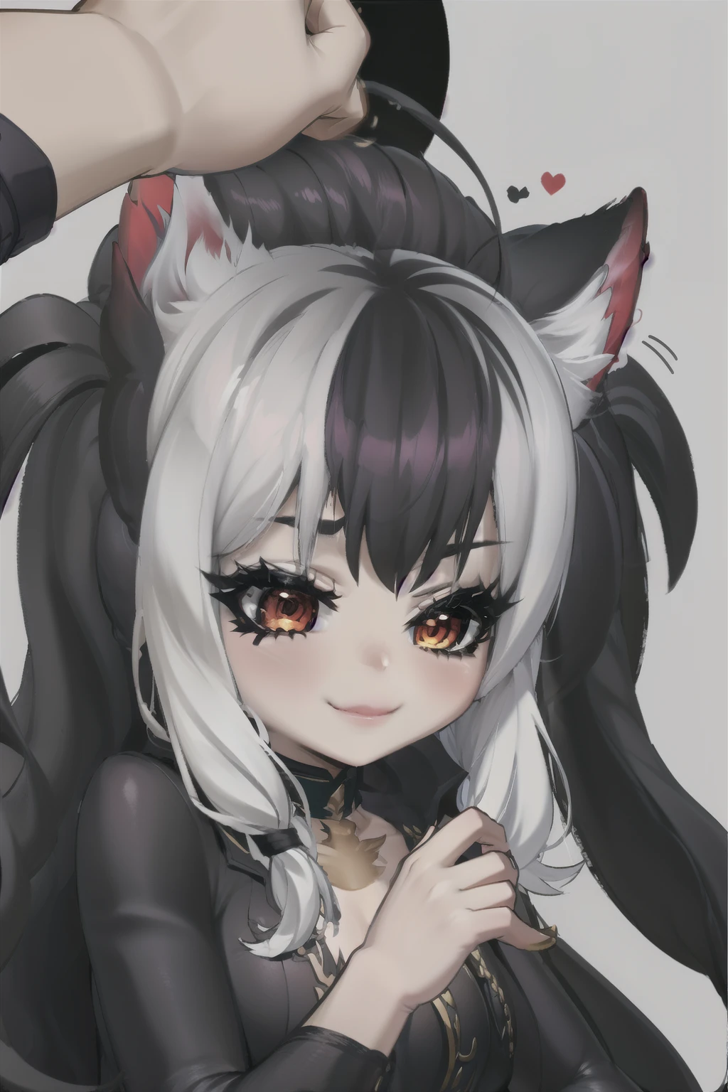 ,((long hair slightly wavy slightly past the shoulders, black bangs, small black pigtails on the sides, cute cat ears, beautiful thin red eyes,)),, Mejor calidad, Detalles intrincados, 


1 chica,     evelynn_por defecto, abertura_alumnos, brillante_eyes, negro_Sclerotic, blanco_cabello,  

 (mntydge), dux,  