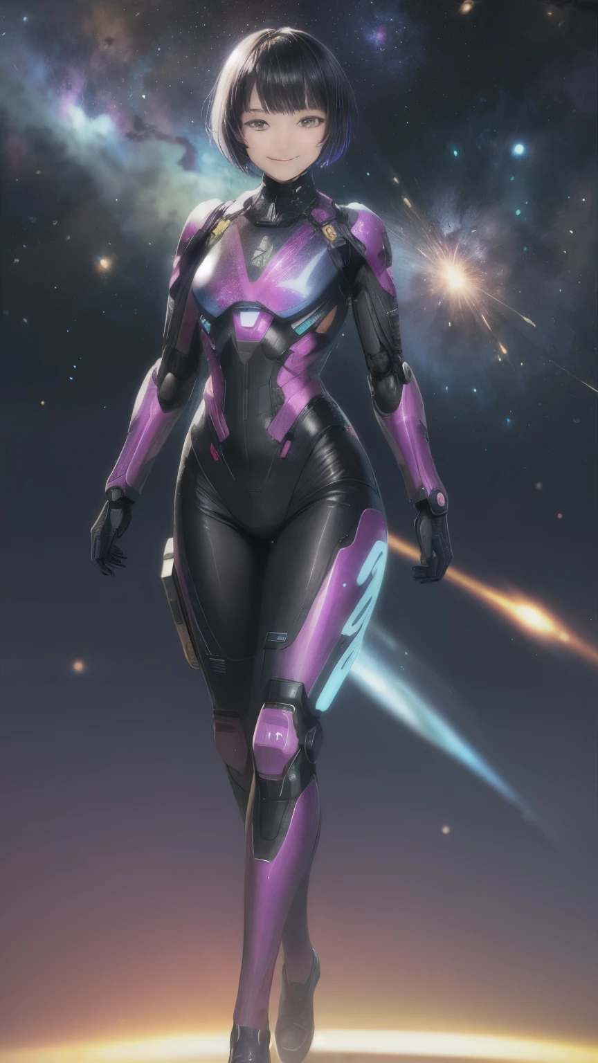 209 Short Hair, 20 year old woman, Floral, gentle smile, futuristic clothes, mechanical suit, (The background is a galaxy and nebula), full body suit
