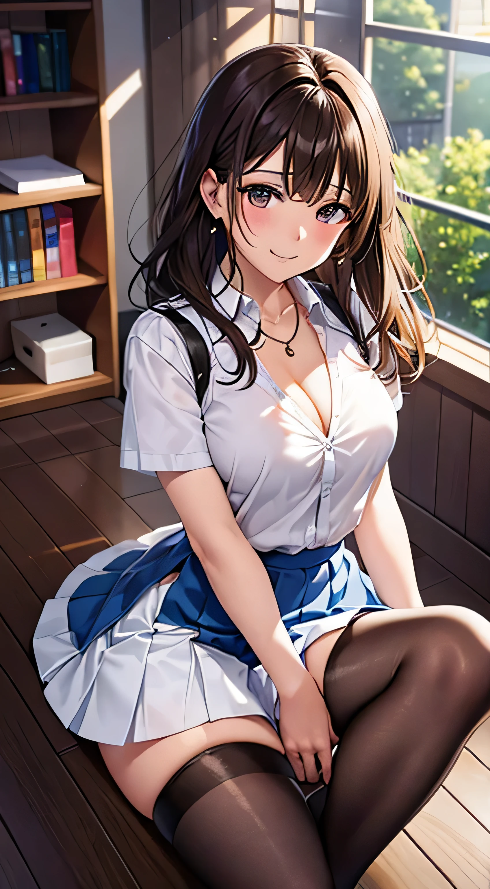 (table top, highest quality, High resolution, , perfect pixel, 4k,), 1 girl, single, alone, Beautiful woman、I could see the whole body、 ((Wavy mid-hair, bangs, brown hair)), ((brown eyes, beautiful eyelashes, realistic eyes)), ((detailed face, blush:1.2)), ((smooth texture:0.75, realistic texture:0.65, realistic:1.1, Anime CG style)), medium breasts, dynamic angle, perfect body, ((, female teacher, , earrings、necklace、white shirt with collar、Shirts without buttons、Dark blue flared skirt、black knee high stockings、open both legs wide、、shy smile、Sit on the floor、leaning forward)), Upper grade、、、evening、、(I can see her white and light blue lace panties and bra.、、(Bring your chest and arms together、Lift up your skirt and show your panties、The wind flips my skirt)、angle from below)、