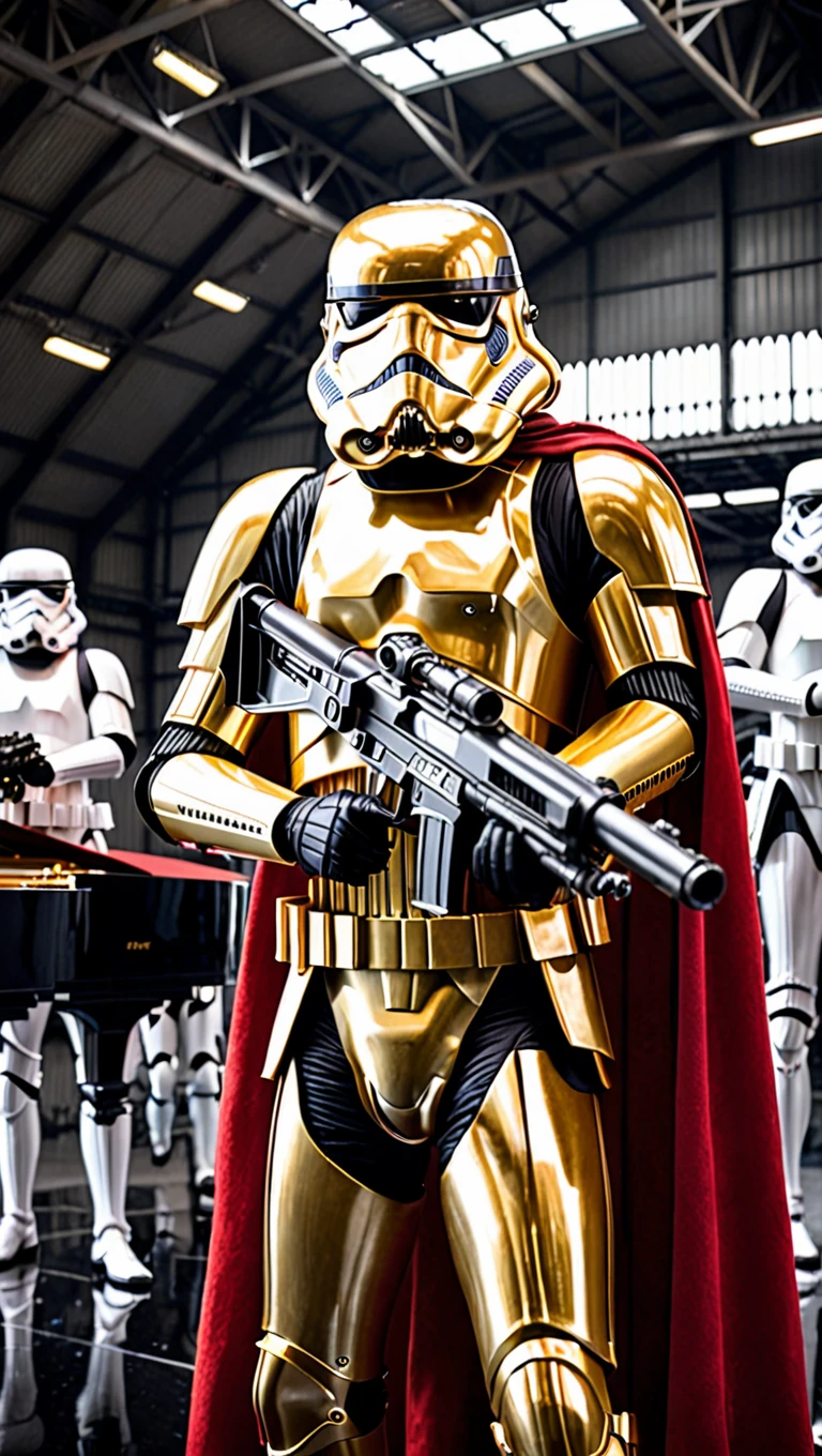 Photorealistic Gold Stormtrooper, he's holding a blaster while wearing a red cape which covers his right shoulder and back, he's facing the camera, he's in a large hangar with black piano floor, there are random stormtroopers behind him, there are landed tie-fighters behind them.