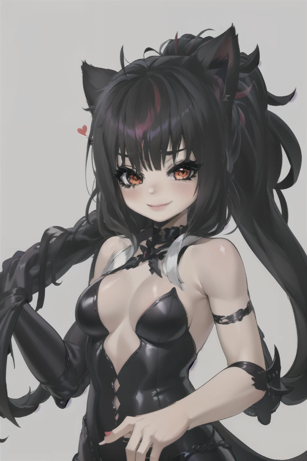 ,((long hair slightly wavy slightly past the shoulders, black bangs, small black pigtails on the sides, cute cat ears, beautiful thin red eyes,)),, Mejor calidad, Detalles intrincados, 


1 chica,     evelynn_por defecto, abertura_alumnos, brillante_eyes, negro_Sclerotic, blanco_cabello,  

 mntydge, dux,  