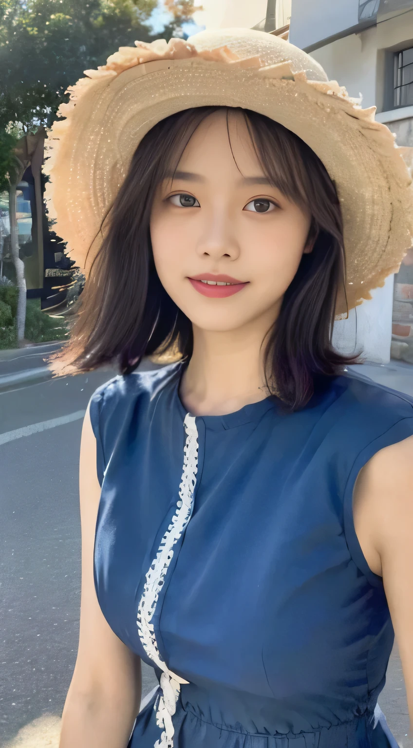 Travel expert sun hat side braid bangs cute white skirt white accessories smile big eyes nature West Lake