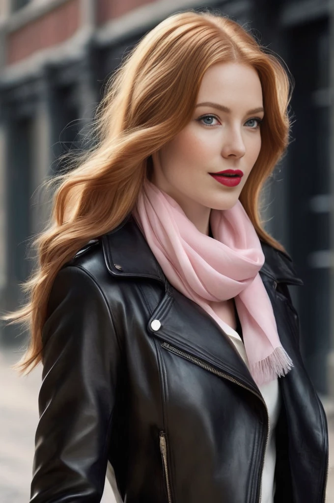 A close-up portrait of a gorgeous, beautiful, stunning russian woman wearing a classy outfit: a black belted leather trench coat, a navy blue shirt, and a black newsboy cap. A redhead woman from Russia, delicate red lips, pastel pink skin tone, soft flawless pale skin, soft make-up, red lipstick. Classy, elegant, stylish redhead woman, a majestic lady, dream beauty, ethereal beauty, delicate, sensitive, tender, lovely, romantic, kind, so femenine and strong, brave, pushing, spirited, lively, brisk determined woman. Elegant look, flowing and glowing layered wavy ginger hair.She's making a photo book, fall-winter season. smiling at camera, professional photograph, editorial photograph, modeling photograph, portrait photo of a russian model.