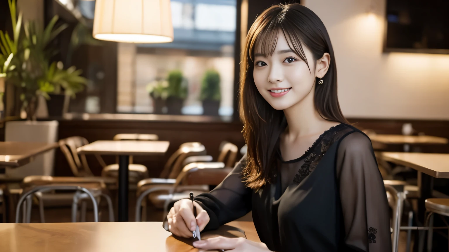 1 girl, (Wearing a black blouse:1.2), beautiful japanese actress,
(Raw photo, highest quality), (realistic, Photoreal:1.4), masterpiece,
very delicate and beautiful, very detailed, 2k wallpaper, wonderful,
finely, very detailed CG Unity 8K 壁紙, Super detailed, High resolution,
soft light, beautiful detailed girl, very detailed目と顔, beautifully detailed nose, beautiful and detailed eyes, cinematic lighting,
break
(With a stylish cafe interior as the background 1.3), Lights in the cafe,
perfect anatomy, slender body, smile, Face the front completely, look at the camera