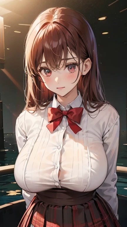 (in the dark:1.6) , school girl Soak in water , red knot , red bow , white Shirt , big tits , Big breasts , skirt dark red , plaid skirt , pleated skirt