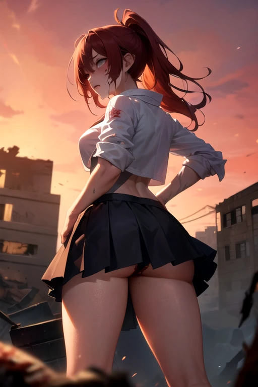 ((best quality)), ((masterpiece)), (detailed), perfect face, bloody and ripped clothing at a destroyed city in a zombie apocalypse, hair in a ponytail, short ripped skirt, red sky, 