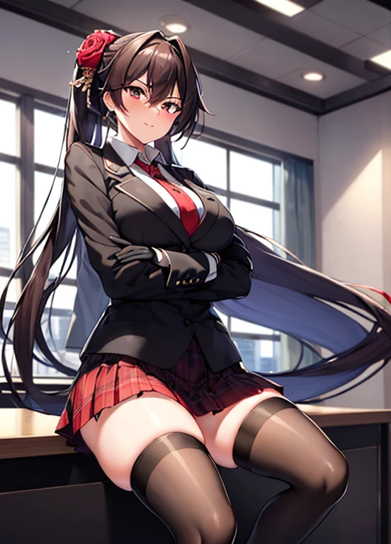 masterpiece, best quality, ultra-detailed, illustration, warm lighting, bright colors, 1girl,solo, long hair, very long hair, chifuyu, crossed arms, amused, sitting, office, office work,

action, ahoge, bangs, black_jacket, blue_eyes, breasts, brown_hair, brown_vest, buttons, closed_mouth, collared_shirt, double-breasted, dress_shirt, flower, gloves, hair_between_eyes, hair_flower, hair_ornament, hair_over_eyes, jacket, light_particles, long_sleeves, looking_at_viewer, necktie, plaid, plaid_skirt, pleated_skirt, ponytail, red_flower, red_necktie, red_rose, red_skirt, rose, shirt, skirt, thighhighs, vest, weapon, white_shirt, zettai_ryouiki