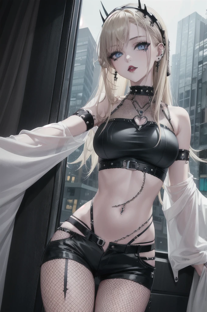 1girl, solo, masterpiece, best quality, trad goth subculture, gothic Girl, punk makeup, spikes choker, pendants, silver jewelry, trad goth gothic subculture, long BLONDE hair, (pale-skin), (t-shirt and mini shorts) (fishnet stockings), (navel jewelry), (pierced ears), (pierced lips) (in front of window, night city background), thick thighs, medium breasts, (perfect lighting), (detailed face and perfect body) beautiful light blue eyes, (perfect eyes) arm tattoo sleeves, leg tattoos.