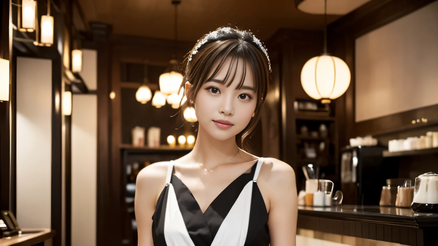 (((Cafe:1.3, Inside the store, Photographed from the front))), ((beauty salon model:1.3,Black and white bicolor dress, japanese woman, cute)), (clean, natural makeup), (highest quality, masterpiece:1.3, 超High resolution), (Super detailed, caustics), (realistic:1.4, RAW shooting), very detailed, High resolution, 16K resolution,neat clothes,CafeInside the storeで撮影