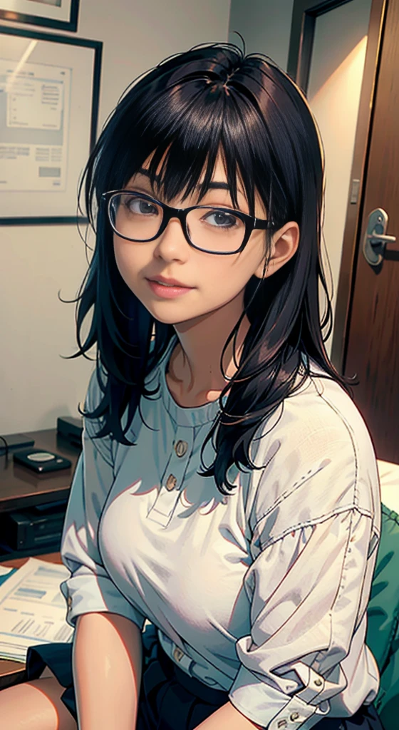 arafed asian woman with glasses sitting on a bed, with glasses, with square glasses, neat hair with bangs, wore glasses, with glasses on, with short hair, Chiho, Yoshitomo Nara, wears thin, large round glasses, princess cut, Her slightly otaku-like smile is cute, white hime cut hairstyle