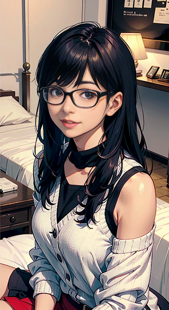 arafed asian woman with glasses sitting on a bed, with glasses, with square glasses, neat hair with bangs, wore glasses, with glasses on, with short hair, Chiho, Yoshitomo Nara, wears thin, large round glasses, princess cut, Her slightly otaku-like smile is cute, white hime cut hairstyle