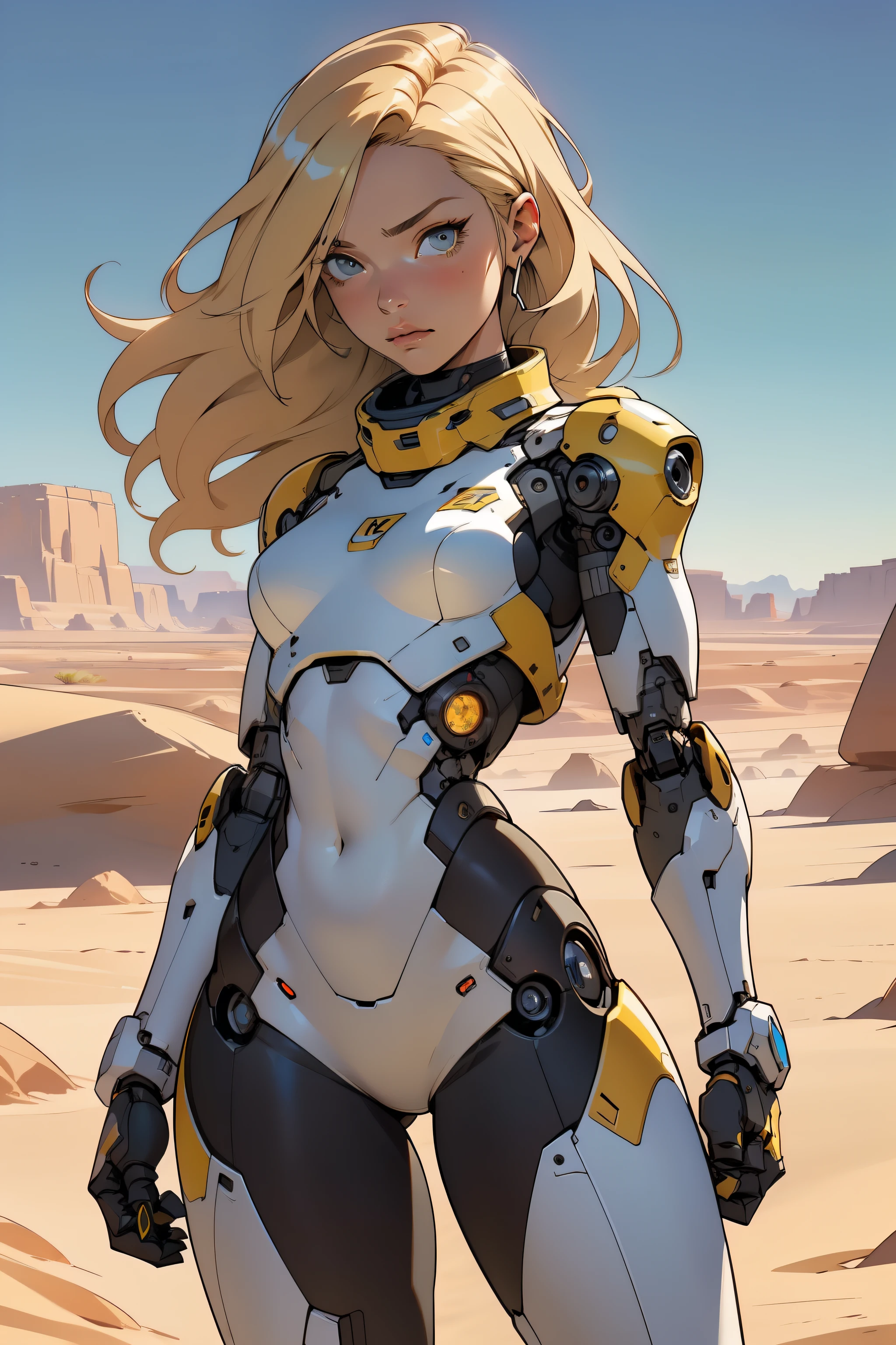 high quality, 4k, masterpiece, beautiful, cyborg girl, cowboy shot, dull eyes, front, looking at viewer, long blonde hair, girl, small breasts, fit thighs, robotic arms, robotic body, cyborg body, yellow & white uniform, red accent, intricate detail, joint, detailed lines, robotic detail, holding fist up, holding hand up as fist, color robotic parts, robotic parts with color, perfect fingers, on a desert planet, sunny background, colorful desert, a river or a lake in the background, slender thighs