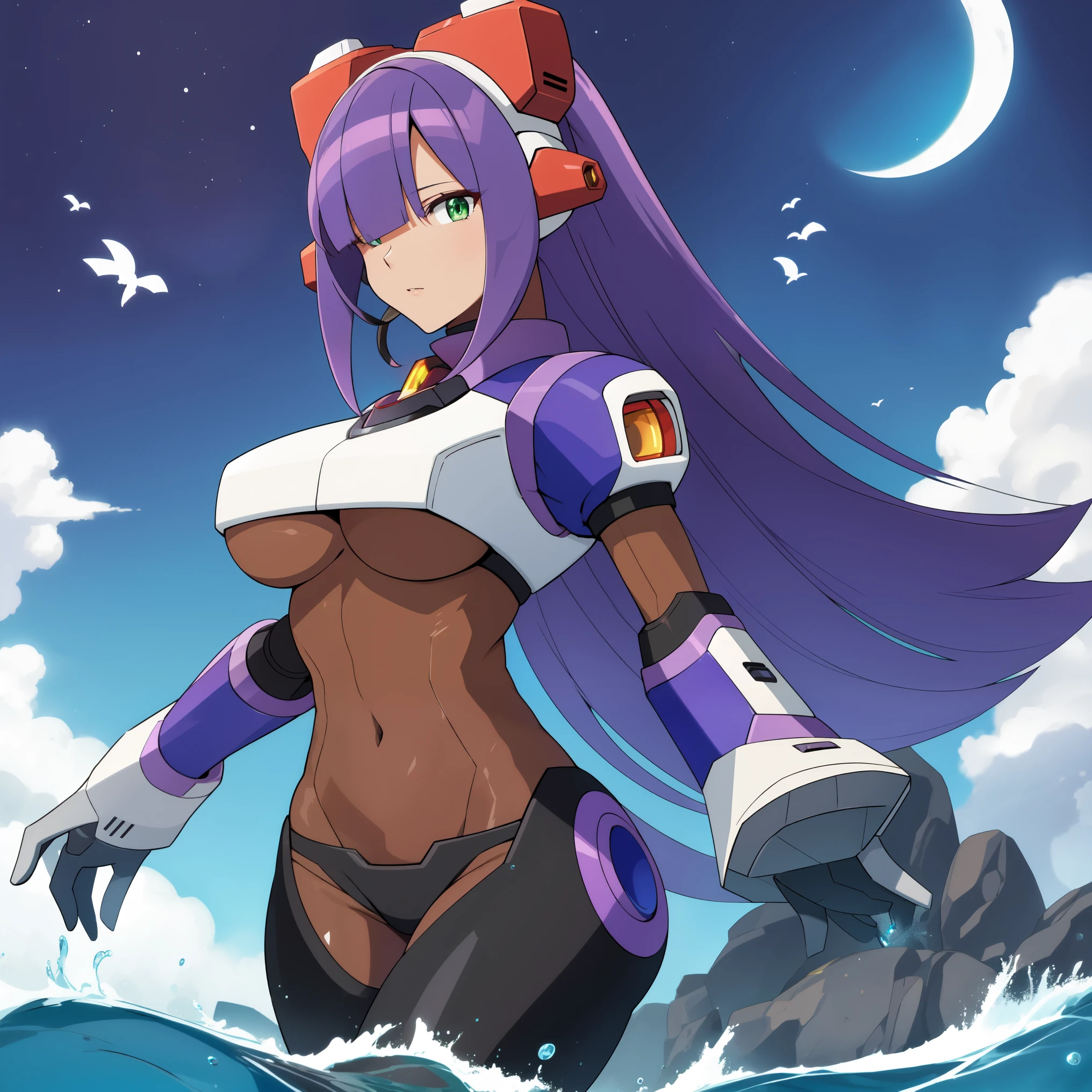 layer_megamanx, 1girl, solo, long hair, purple hair, green eyes, blunt bangs, hair over eyes, large breasts, dark skin, dark-skinned female, android, underboob, robot ears, high quality, masterpiece, surrounded by water and a small moon, in the style of vivid energy explosions, anime art, dark palette, sharp and angular, dragon art, 8k, whirring contrivances