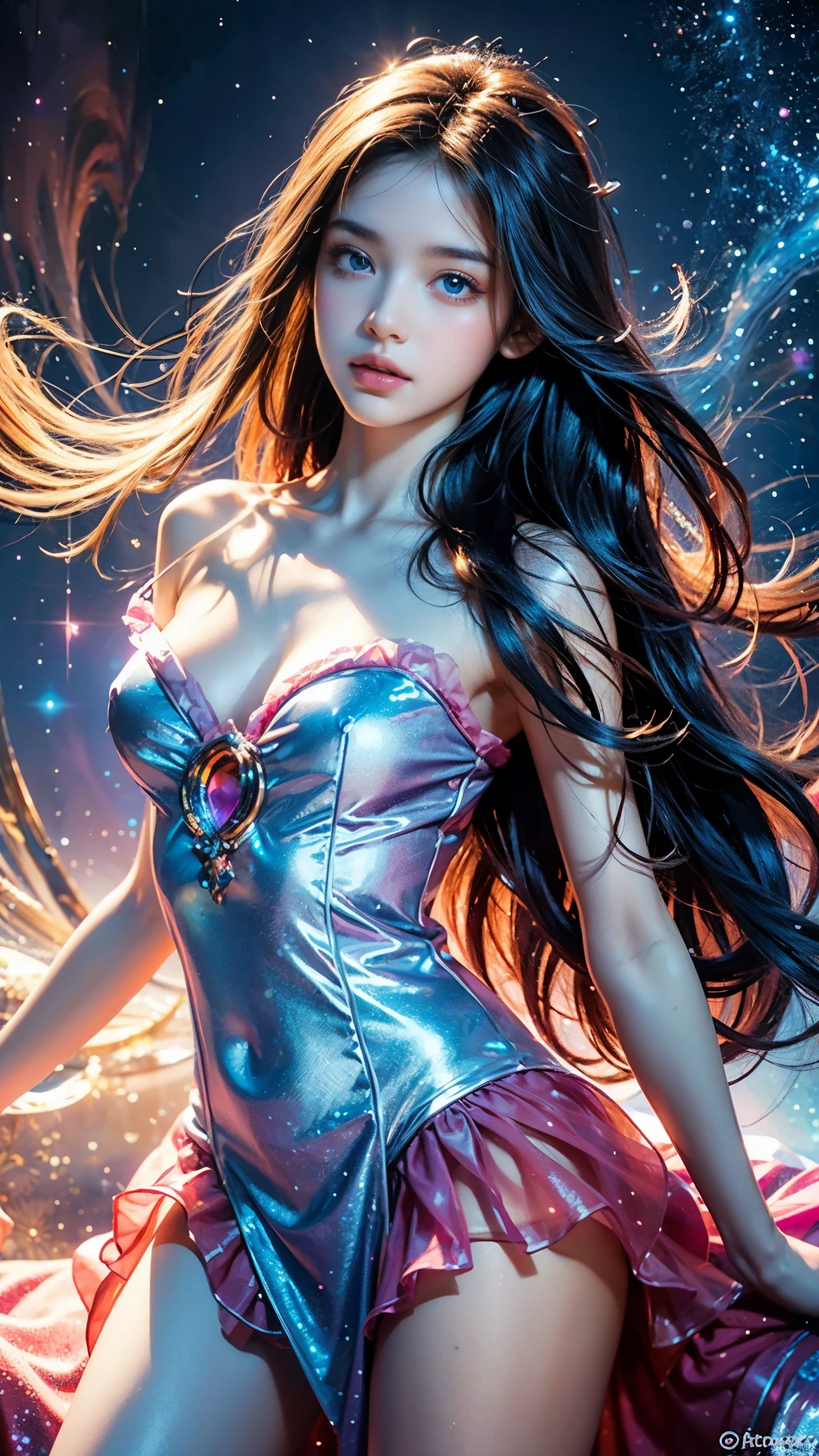 4K Ultra HD, Masterpiece, A girl with a magical aura, (good face:1.2), Long hair, shinny hair, Detailed eyes, Glossy lips, red Lolita costume, The aura around the body, Magical effect, Spread white light, Cosmic elements and ethereal atmosphere, A mix of bright lights and colorful nebulae, universe background, Perfect body,