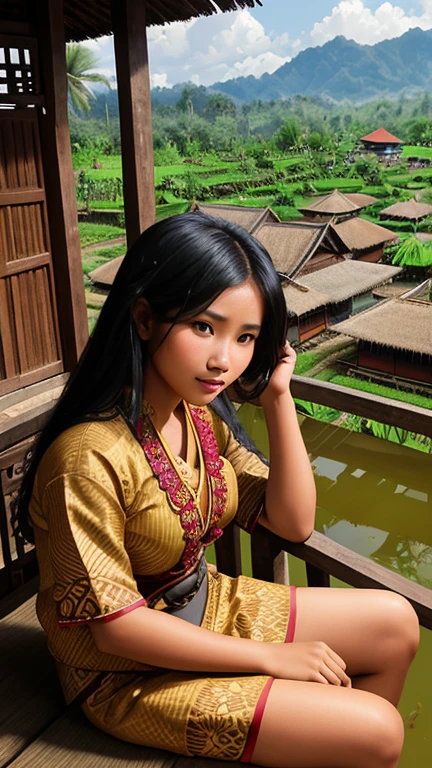 A beautiful Javanese village girl with long black hair and brown eyes is sitting on the terrace of her house in a rural Indonesian village. She wore a traditional Javanese kebaya and batik cloth. The background is a beautiful rural scene with rice fields, coconut trees and rural houses
