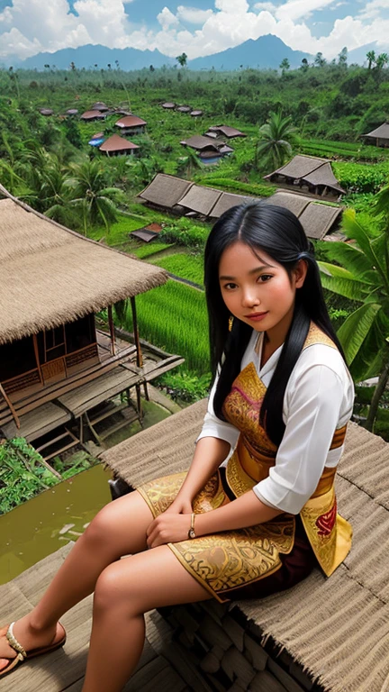 A beautiful Javanese village girl with long black hair and brown eyes is sitting on the terrace of her house in a rural Indonesian village. She wore a traditional Javanese kebaya and batik cloth. The background is a beautiful rural scene with rice fields, coconut trees and rural houses