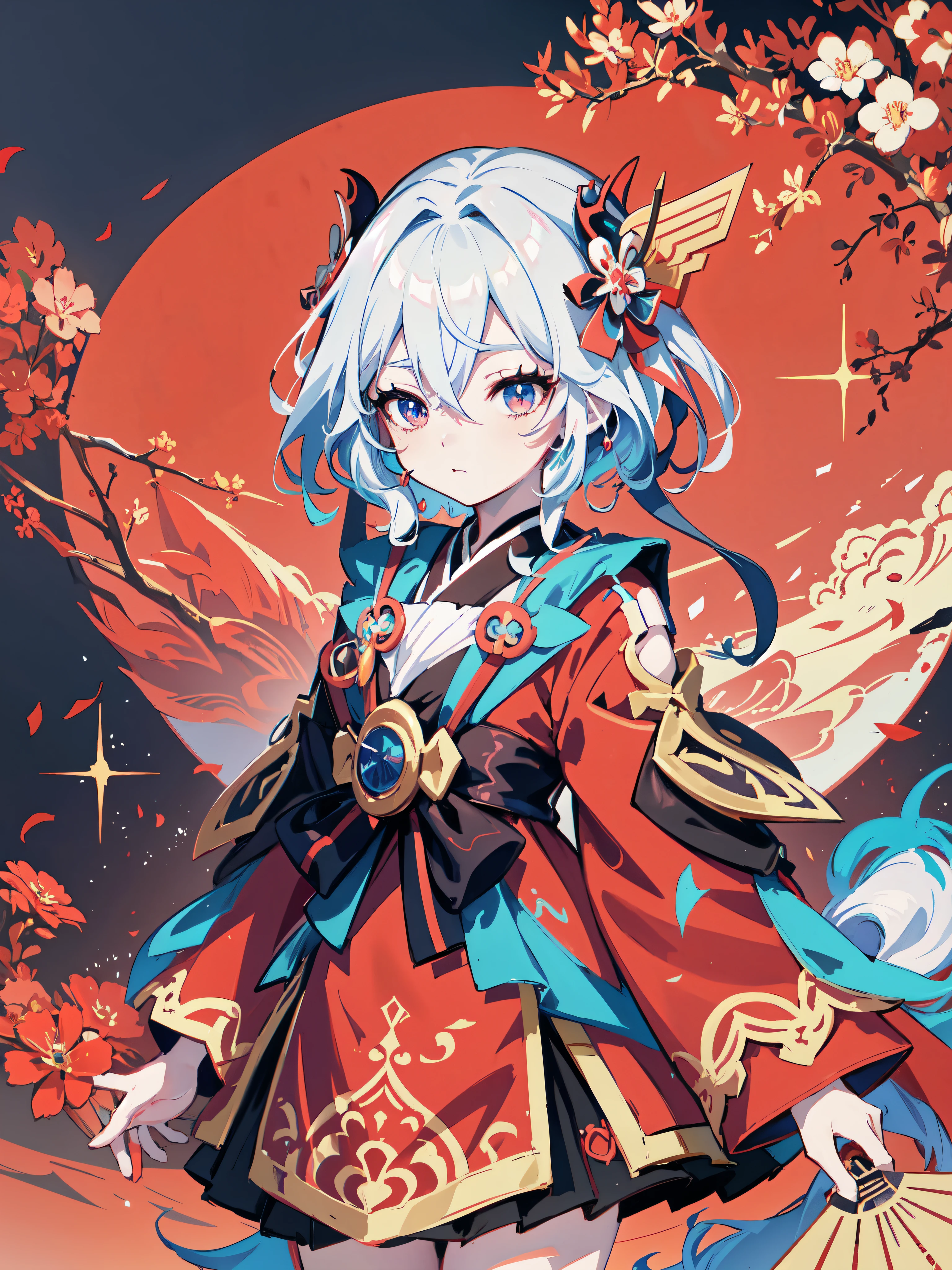 wearing red dress、holding a fan、Anime girl on red background, anime style 4k, anime art wallpaper 8k, Onmyoji, Onmyoji portrait, Onmyoji detailed art, anime art wallpaper 4k, Anime Art Wallpaper 4k, Splash art anime , Cute anime waifu wearing beautiful clothes, zero art, Digital art on pixiv