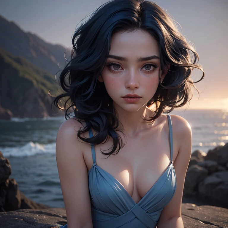 (sharp focus:1.2), photo, attractive young woman, (beautiful face:1.1), detailed eyes, luscious lips, (smokey eye makeup:0.85), (tiny breasts:1.3), (fragile body:1.2), (wavy blue hair:1.2), wearing (revealing dress:1.2) on a (cliffside:1.2). (moody lighting:1.2), depth of field, bokeh, 4K, HDR. by (James C. Christensen:1.2|Jeremy Lipking:1.1).