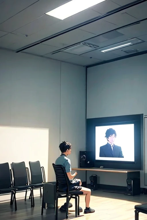 Audiovisual room、Man sitting on chair looking at screen 1、Boy peeking from the shadows of the door 1