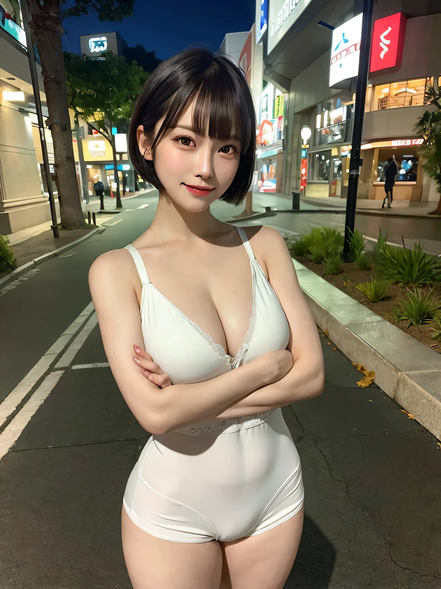 (8k), (best quality), (masterpiece:1.3), (realistic), (photorealistic:1.36), ultra-detailed, cinema lights,white bikini,smile,drooping eyes,((crossed arms over chest pose)),
1girl, solo, (((dark short cut hair with bangs))), (finely detailed beautiful amber eyes: 1.2), lustrous skin, show Clavicle, perfect skin, (adult face:1.2), (large_breasts:1.3),((from the thighs up)),japanese girl,