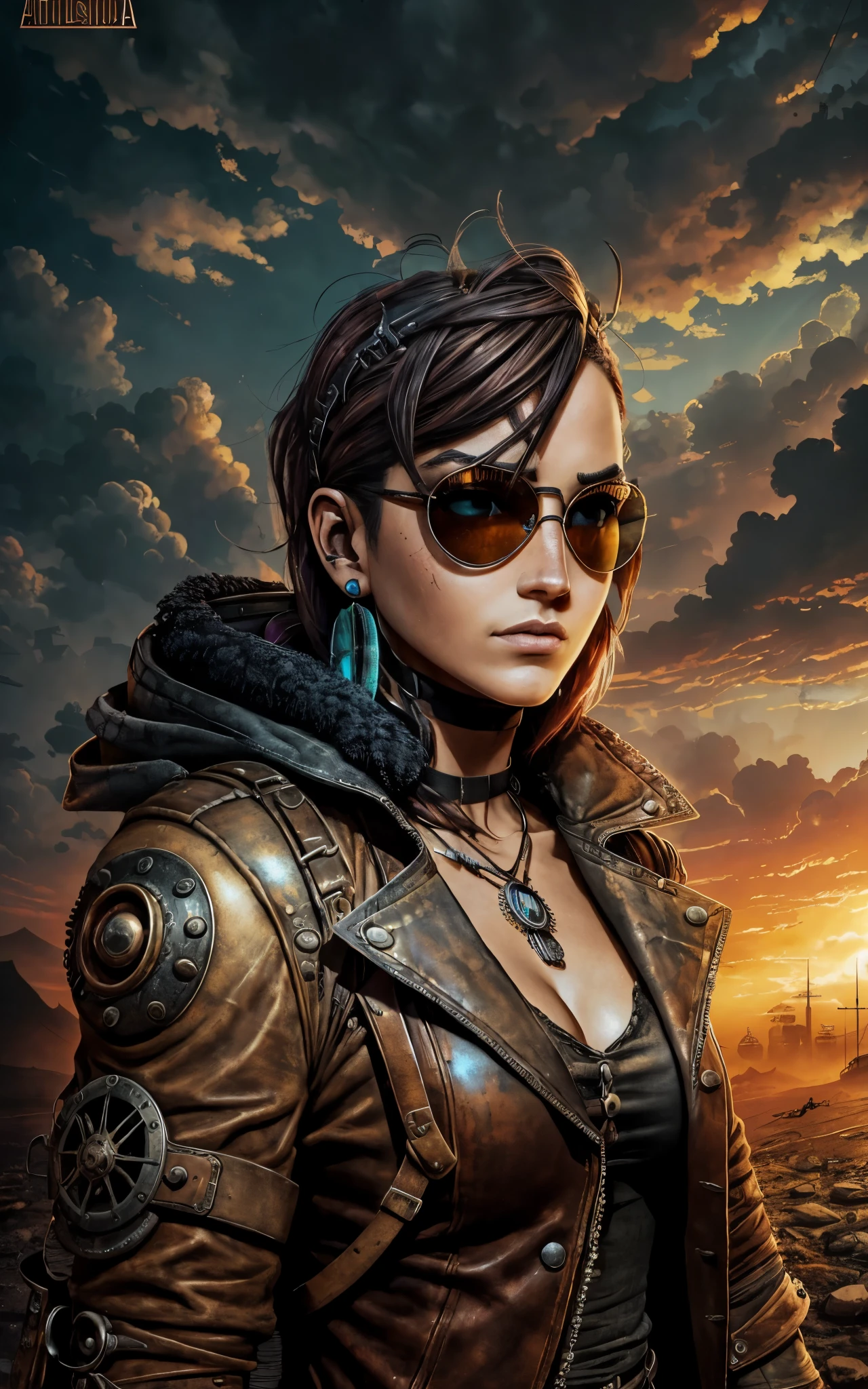 ambiente steampunk, dramatic art, estilo de arte dieselpunk, apocalyptic road warrior vibe, a girl wearing beautiful mirrored sunglasses that reflects everything around her, arte digital surrealista, Mad Max inspirado, heavy metal artwork, simetria da face cromada, arte steampunk digital, no estilo Mad Max, metal art, not art style by Filip Hodas, arte digital steampunk, dieselpunk, em um mundo hightech
