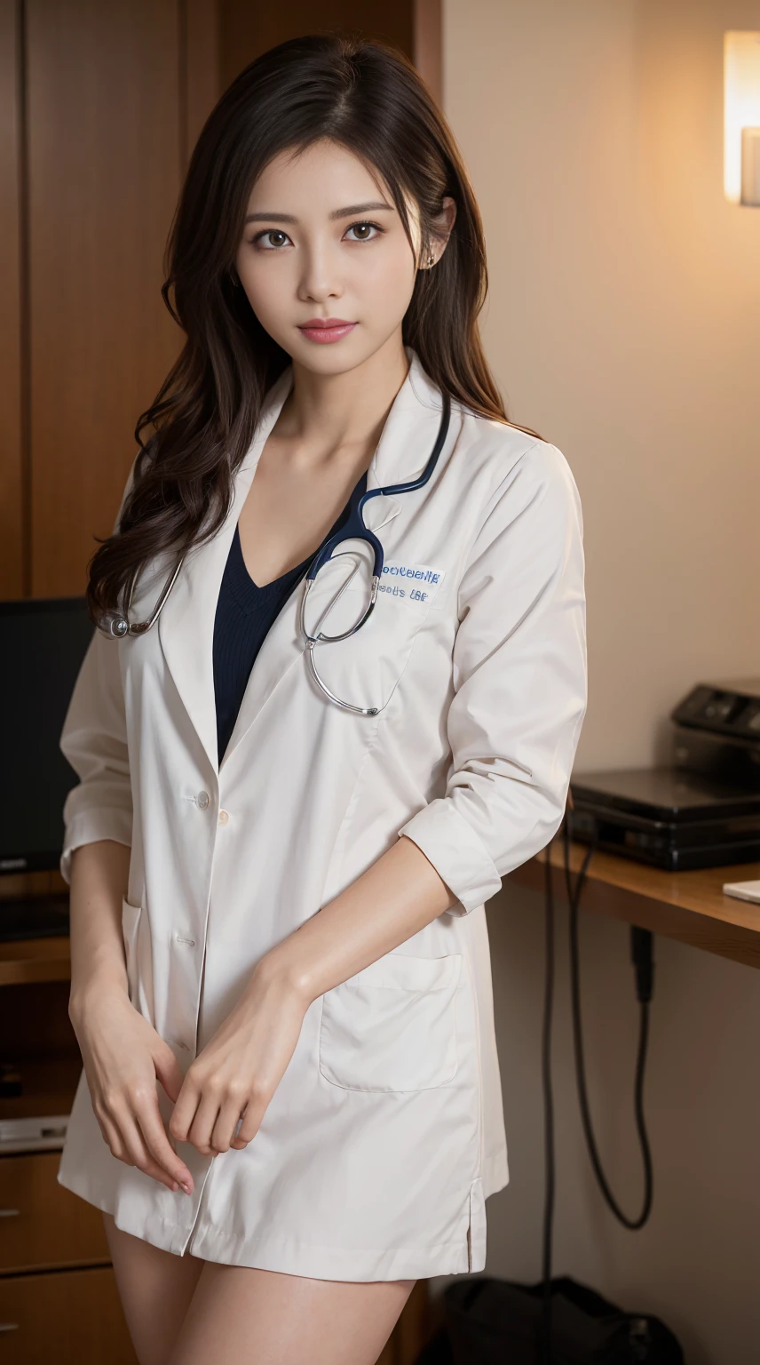 Photorealistic beautiful doctor、amazingly beautiful、doctor'white clothes, collared shirt、(highest quality、8K、32k、masterpiece、nfsw:1.3)、ultra high resolution,(Photoreal:1.4),Raw photo, detailed face,,beautiful hair, ((doctor style)), , black mini tight skirt、 natural makeup,, big and full breasts、Inside the hospital, detailed background, perfect lighting, Depth of written boundary, beautiful shadow gradation,Stethoscope ,NSFW、Beautiful female doctor、Fall in love、
