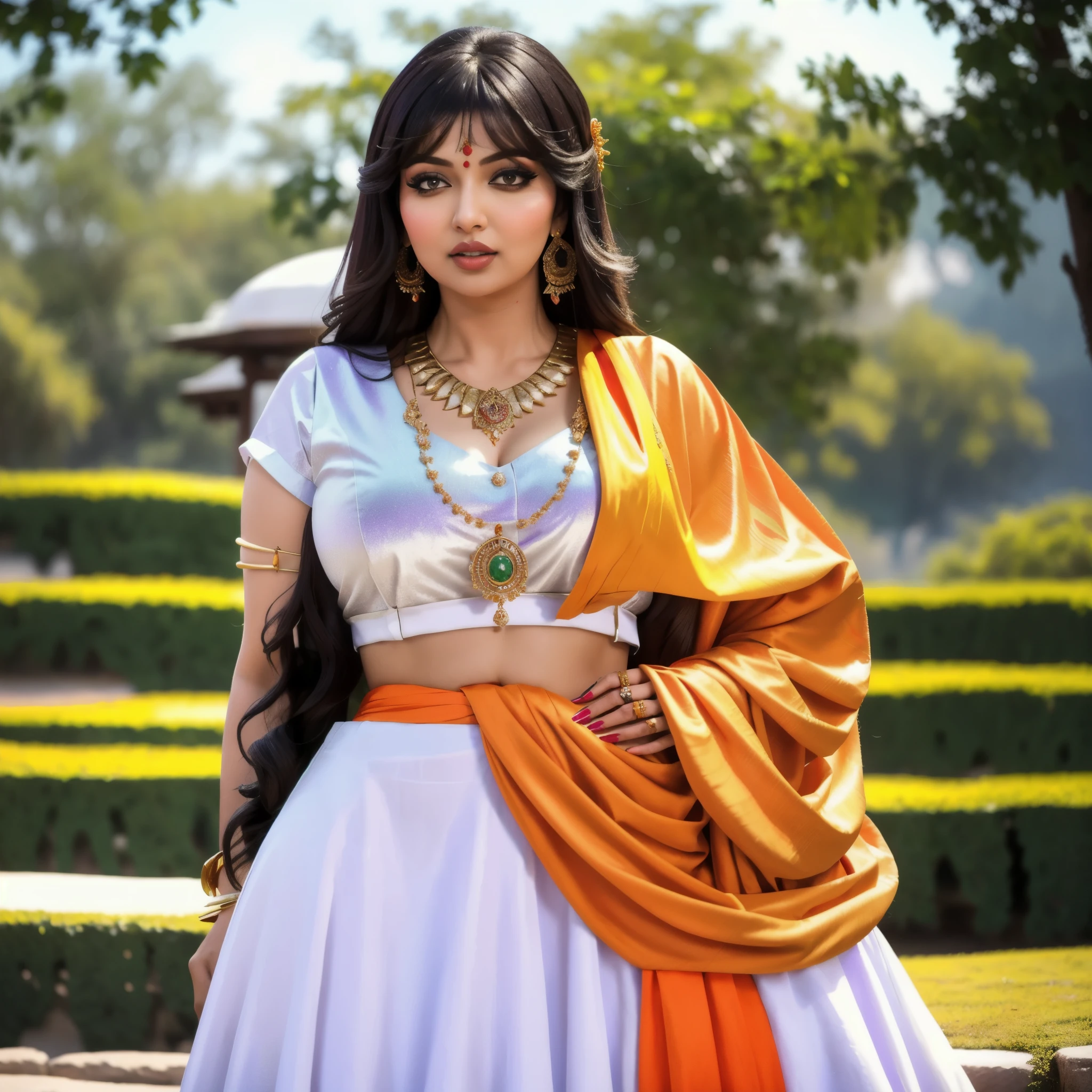 4k, beautiful, pretty face, , young, 20s, (masterpiece:1.2), (best quality:1.2), (tiny waist:1.3), wide hips, necklace, perfect eyes, White eyes, white pupils, perfect face, perfect lighting, (shy:1.2), introvert, looking away, blush, (1girl) , black hair, violet outfit, (straight hair), wide mouth, thick lips, india, Hinduism, indian clothes, a close up portrait photo of beautiful Ayesha Takia , Ayesha Takia , black hair, violet and white dress, orange clothes, white clothes, green clothes, indian flag dress, a woman in a sari posing for a picture in a park, sexy movie photo, sexy girl with dark complexion, indian super model, indian goddess, provocative indian, sexy girl, her belly button is exposed, she has a jiggly fat round belly, very attractive and beautiful, desi, curvaceous. detailed expression, tummy, curves!!, seductive lady