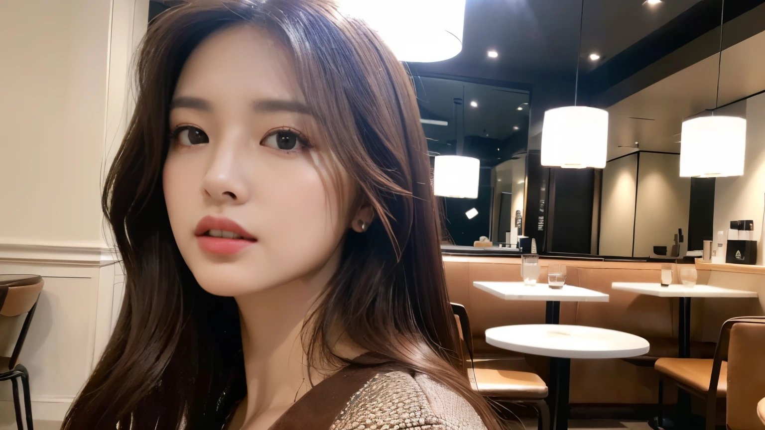 ((realistic lighting, best quality, 8K, master piece:1.3)), sharp focus:1.2, 1 girl, beautiful woman with perfect figure:1.2, ((dark brown hair)), (Leisure Set:1.2),Inside a stylish cafe,Extra-fine face,fine eyes,double eyelid,