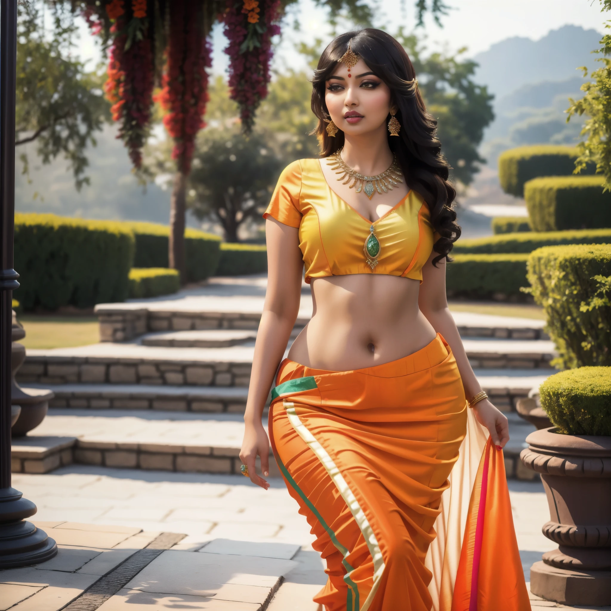 4k, beautiful, pretty face, , young, 20s, (masterpiece:1.2), (best quality:1.2), (tiny waist:1.3), wide hips, necklace, perfect eyes, White eyes, white pupils, perfect face, perfect lighting, (shy:1.2), introvert, looking away, blush, (1girl) , black hair, violet outfit, (straight hair), wide mouth, thick lips,  india, Hinduism, indian clothes, a close up portrait photo of beautiful Ayesha Takia , Ayesha Takia , black  hair, violet and white dress, orange clothes, white clothes, green clothes, indian flag dress, a woman in a sari posing for a picture in a park, sexy movie photo, sexy girl with dark complexion, indian super model, indian goddess, provocative indian, sexy girl, her belly button is exposed, she has a jiggly fat round belly, very attractive and beautiful, desi, curvaceous. detailed expression, tummy, curves!!, seductive lady
