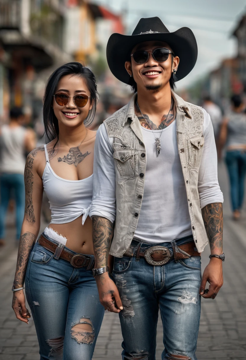 Masterpiece, above, very detailed, original photo, Indonesian couple, beautiful woman with tattoos, smiling wearing a cowboy hat with long flowing hair, wearing small sunglasses, tattooed arms, wearing a tied long-sleeved white shirt, wearing ripped tight jeans, and a man handsome smiling with undercut hair, wearing a jeans vest shirt, wearing ripped tight jeans, wearing typical cowboy boots, there are tattoos on their arms which are very clearly visible, their faces have a faint smile, walking hand in hand on a small and busy urban street, sunlight seems to highlight them making the atmosphere warm, full body, frontal, 32K ultraHD resolution, HDR, 800mm lens, realistic, hyperrealistic, photography, professional photography, immersive photography, ultra HD, very high quality, best quality, HDR photo, photo focus, original photo, ultra sharp, nature photo, masterpiece, award winning, taken with hasselblad x2d.
