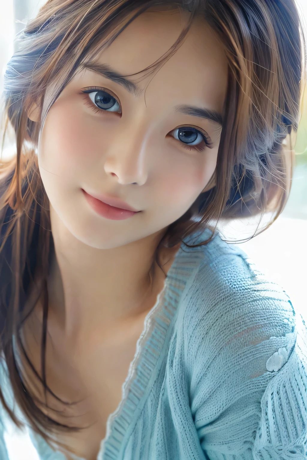 (((32k,high details,high detail、masterpiece,attention to detail,alone))),Raw photo & realistic atmosphere,beautiful dark blue eyes,detailed mouth,glossy lips,thin eyebrows,fine eyes、Soft white skin that shines in every detail、her deep black eyes are so beautiful,lip details、very beautiful face,very well-shaped face、lifelike face,shining beautiful lips,beautiful eyebrows,infinite reality, Realistic young gravure idol,she'she'she'she'she'she's a very cute woman , young gravure idol, young gravure idol, Very beautiful and cute 21 year old beautiful girl,incredibly beautiful and classy,21 year old beautiful girl,natural soft light,(shiny hair,,Beautiful and kind eyes:1.5),gentle smile,well-shaped chest,medium long hair,tie hair,beautiful posture,no makeup,think ahead,